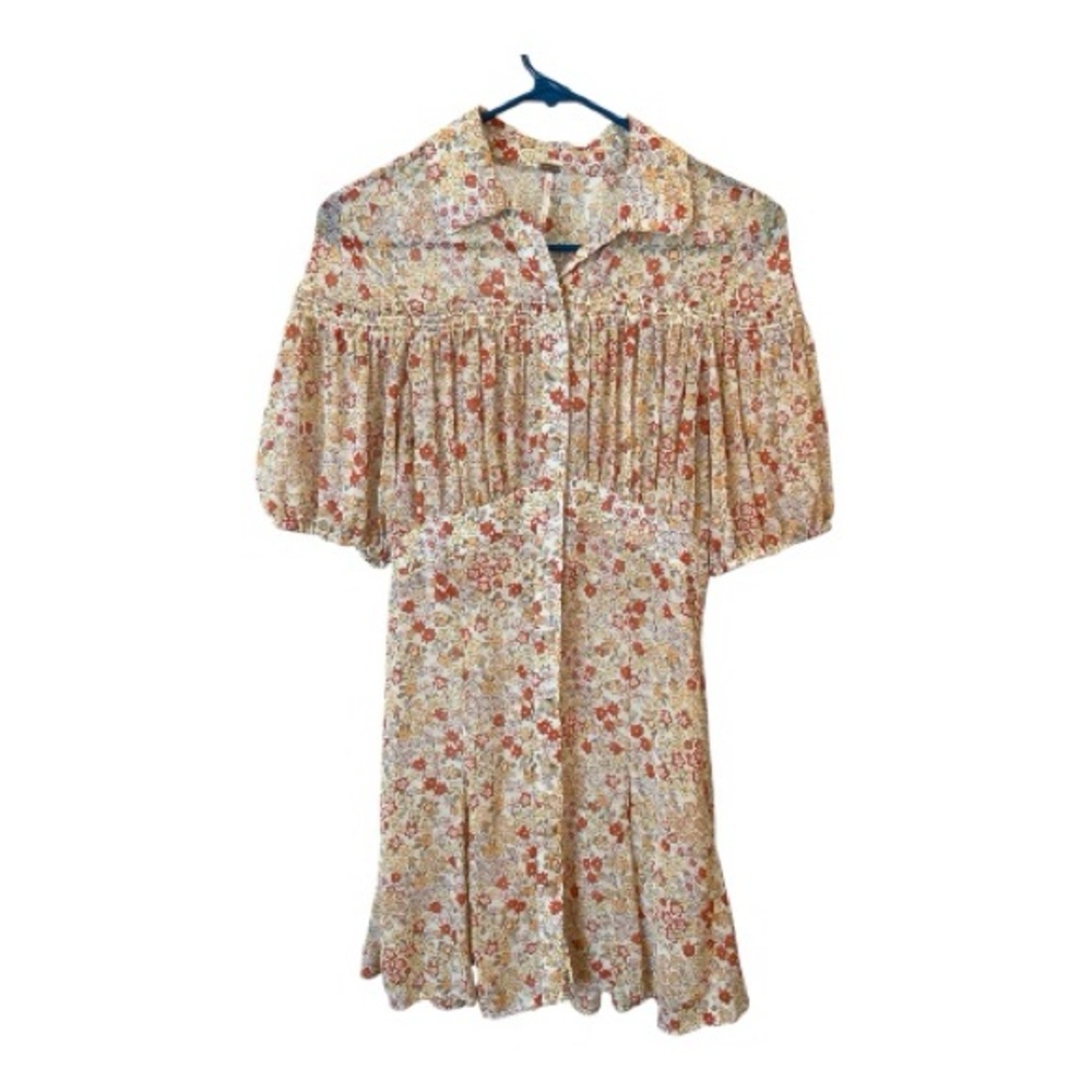 Free People Sheer button front Smocked Floral Mini Dress - Red and ivory